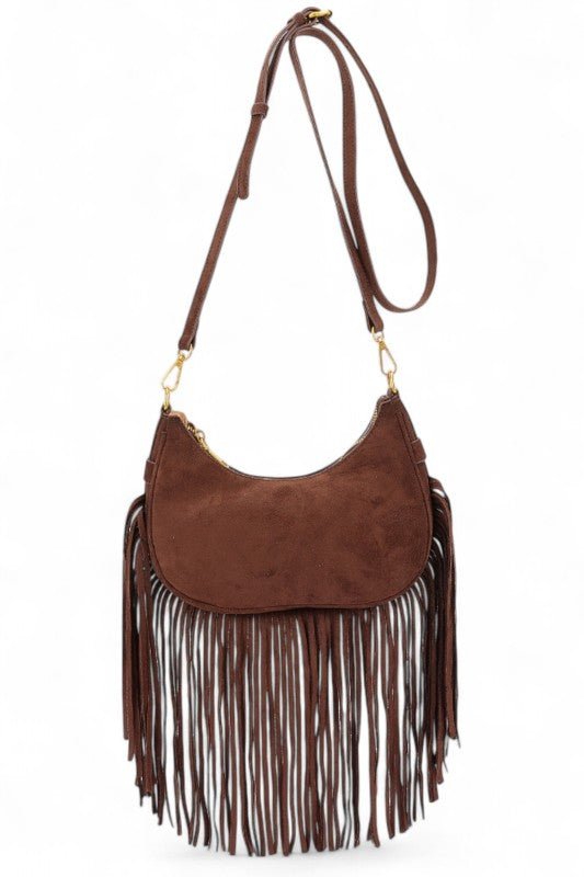 Faux Suede Fringe Boho Crossbody Bag - Demented Sisters