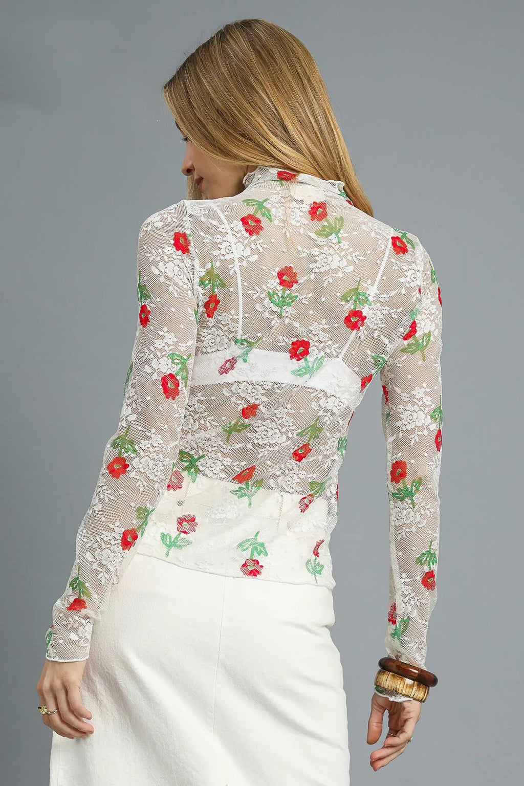 Umgee Floral Mock Neck Long Sleeve Sheer Top - Demented Sisters