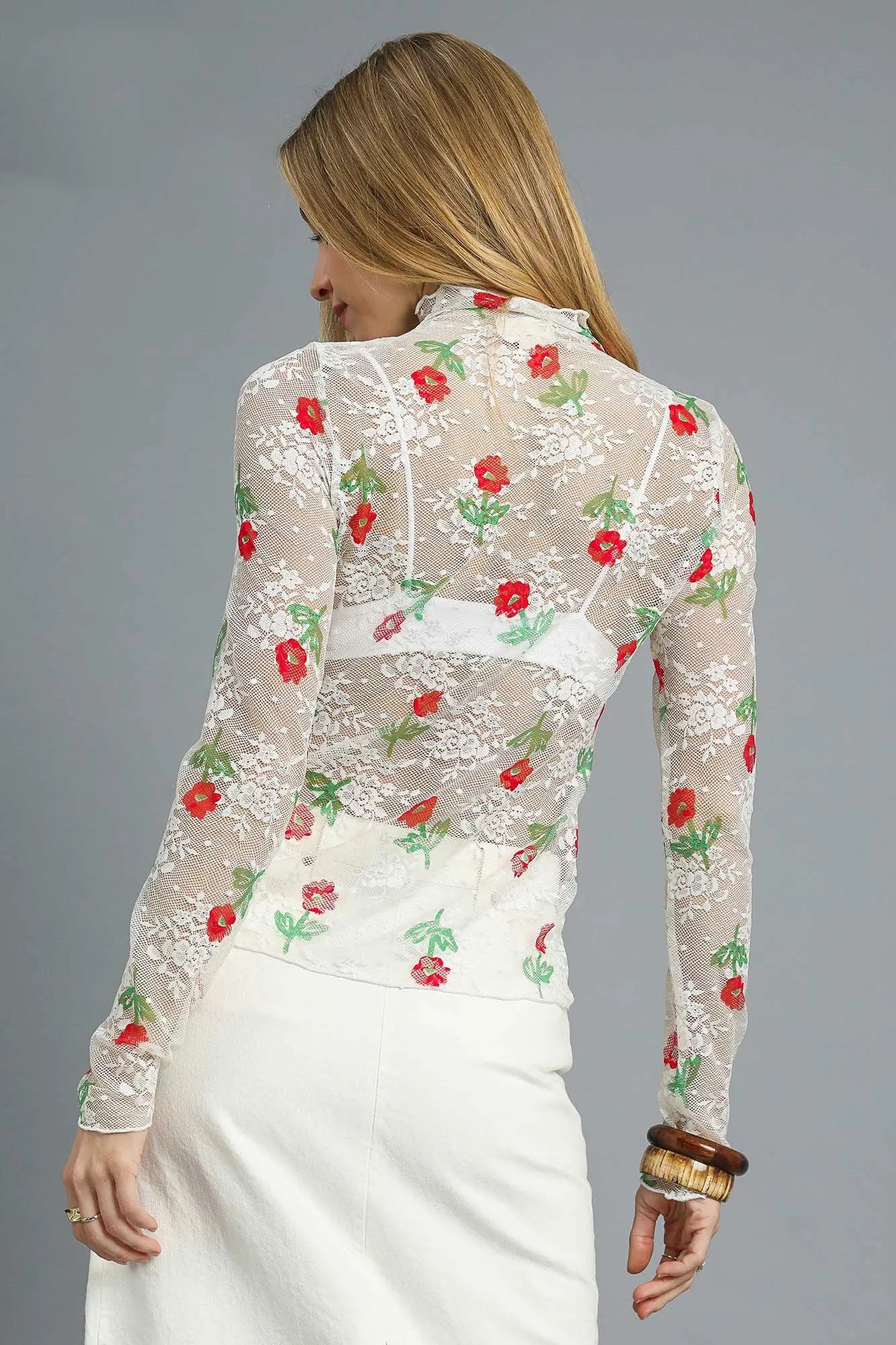 Umgee Floral Mock Neck Long Sleeve Sheer Top - Demented Sisters