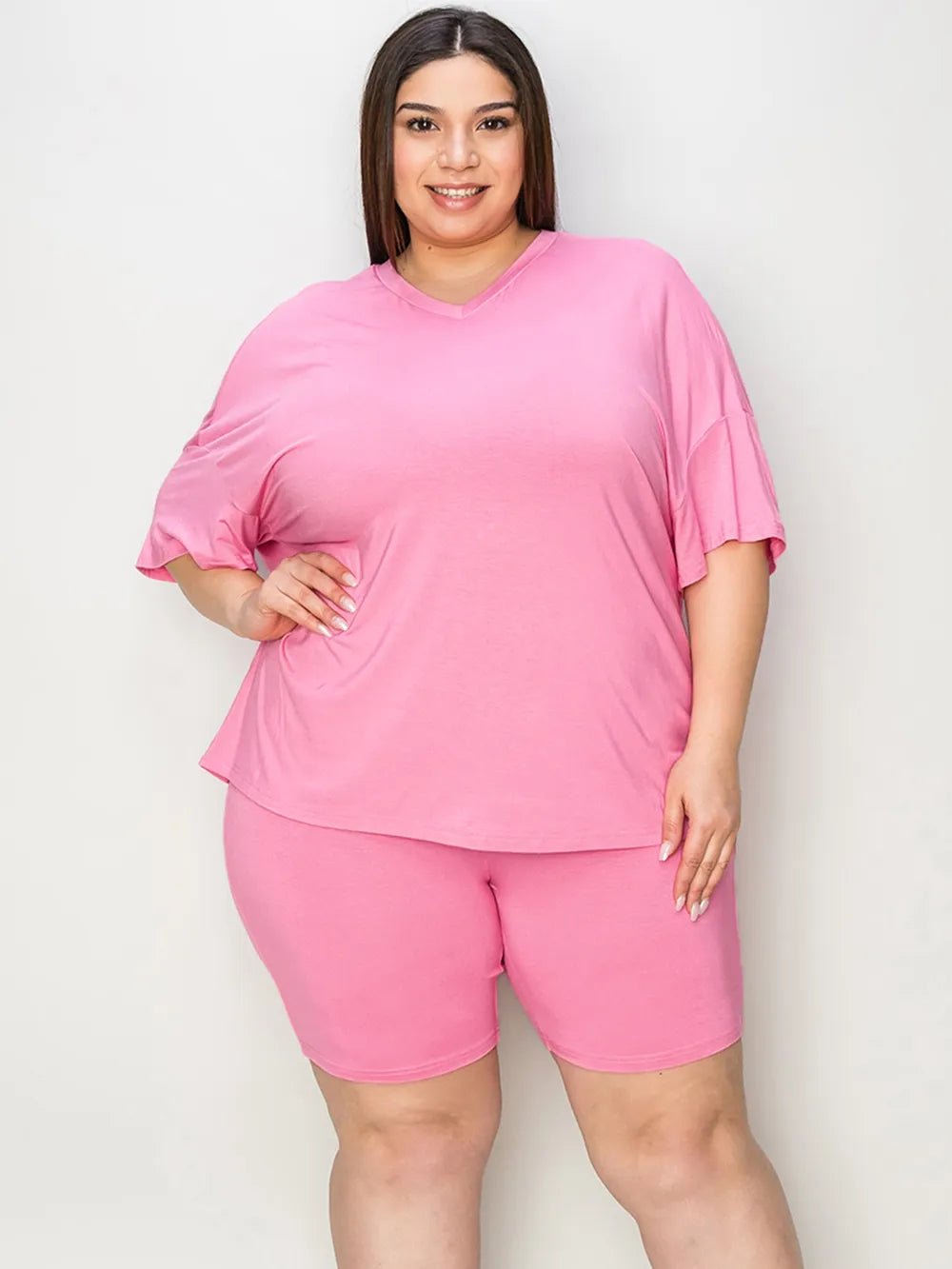 Basic Bae Full Size V - Neck Drop Shoulder T-Shirt and Shorts Set - Demented Sisters