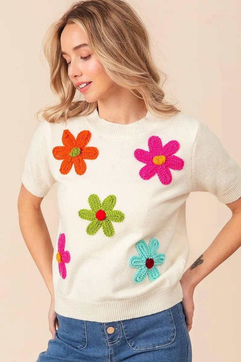 BiBi Crochet Flower Patch Sweater Top - Demented Sisters