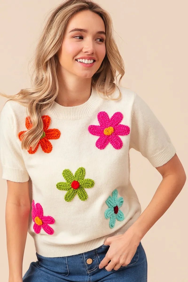 BiBi Crochet Flower Patch Sweater Top - Demented Sisters