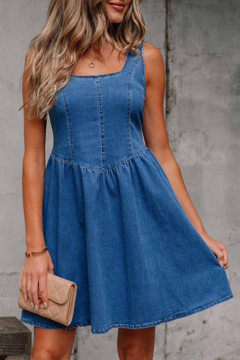 Sail Blue Square Neck Bowknot A - line Sleeveless Denim Dress - Demented Sisters
