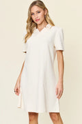 Double Take Full Size Texture Collared Neck Short Sleeve Dress - Demented Sisters