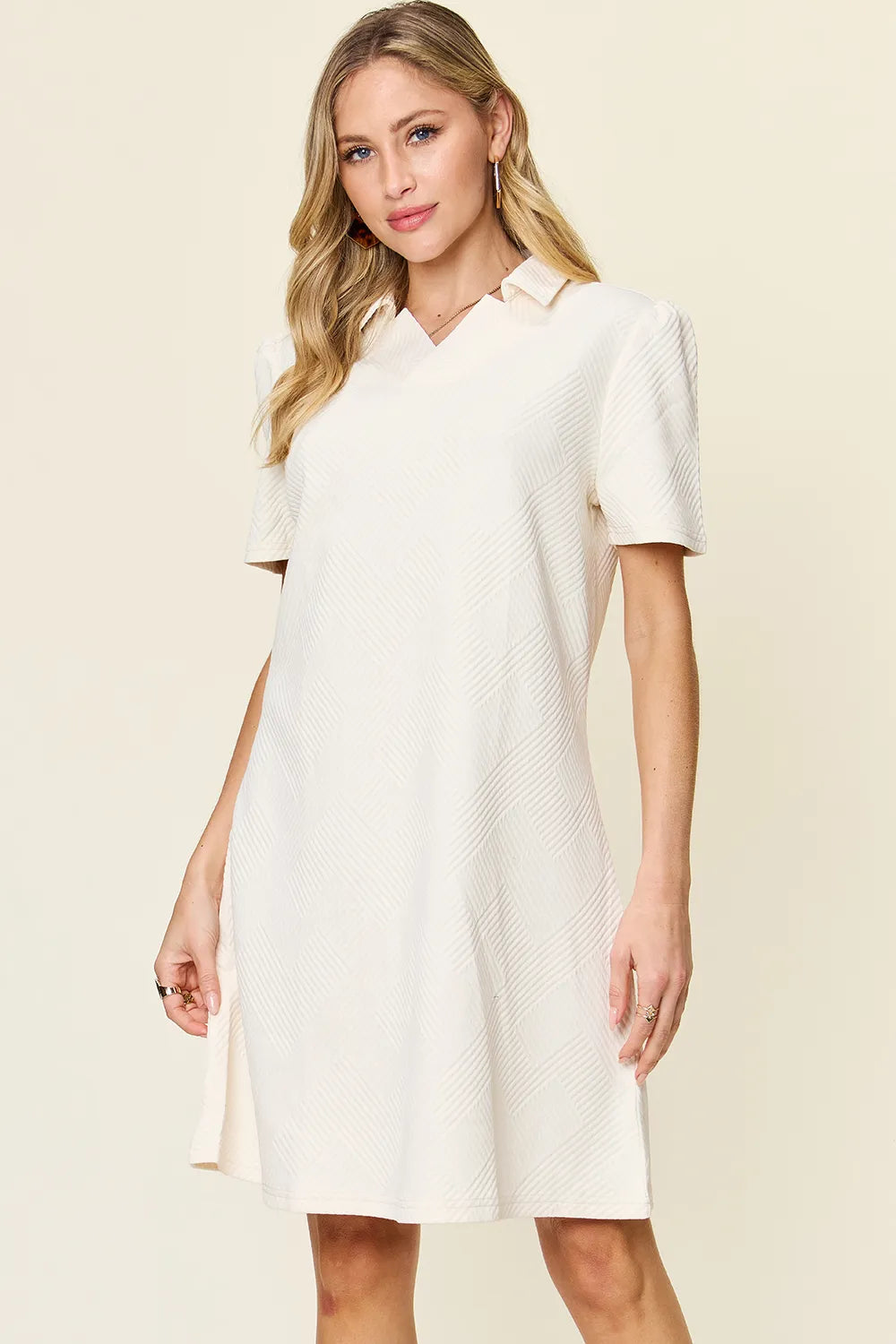 Double Take Full Size Texture Collared Neck Short Sleeve Dress - Demented Sisters