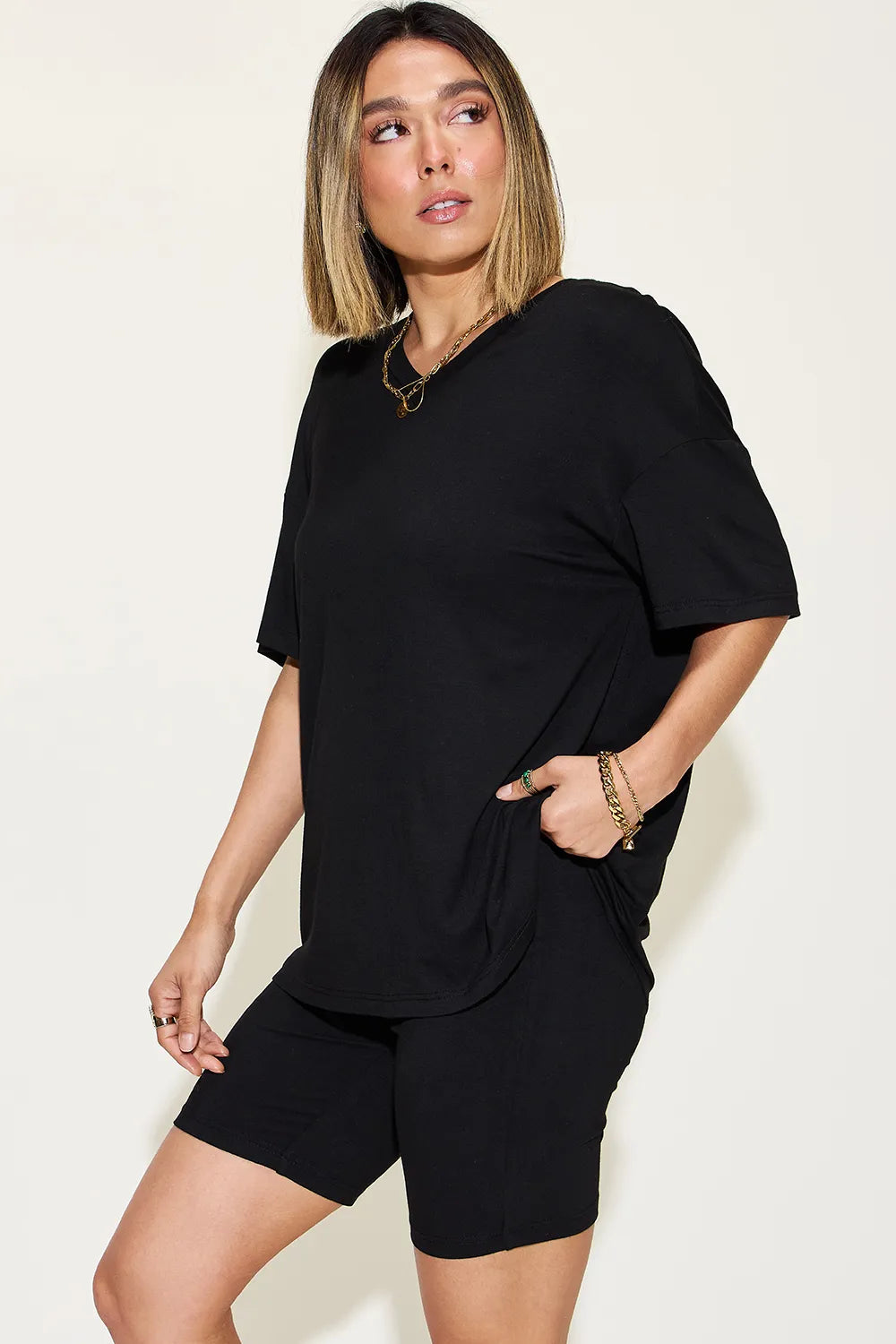 Basic Bae Full Size V - Neck Drop Shoulder T-Shirt and Shorts Set - Demented Sisters