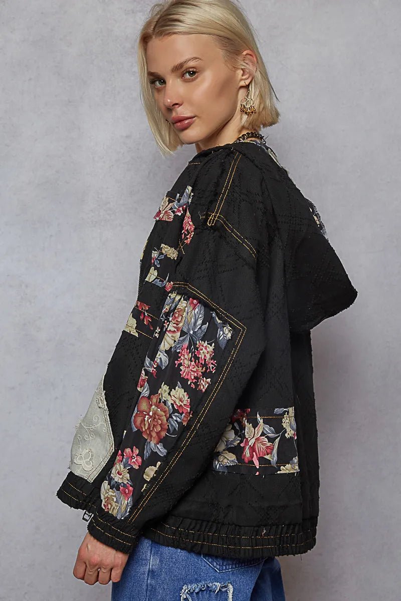 POL Zip Up Floral and Lace Patch Washed Jacket - Demented Sisters
