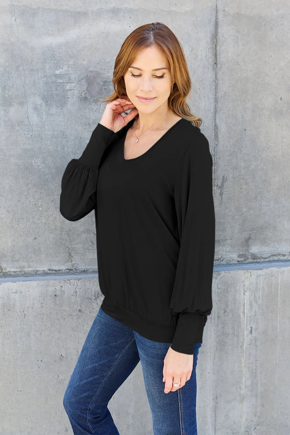 Basic Bae Full Size V - Neck Lantern Sleeve Top - Demented Sisters