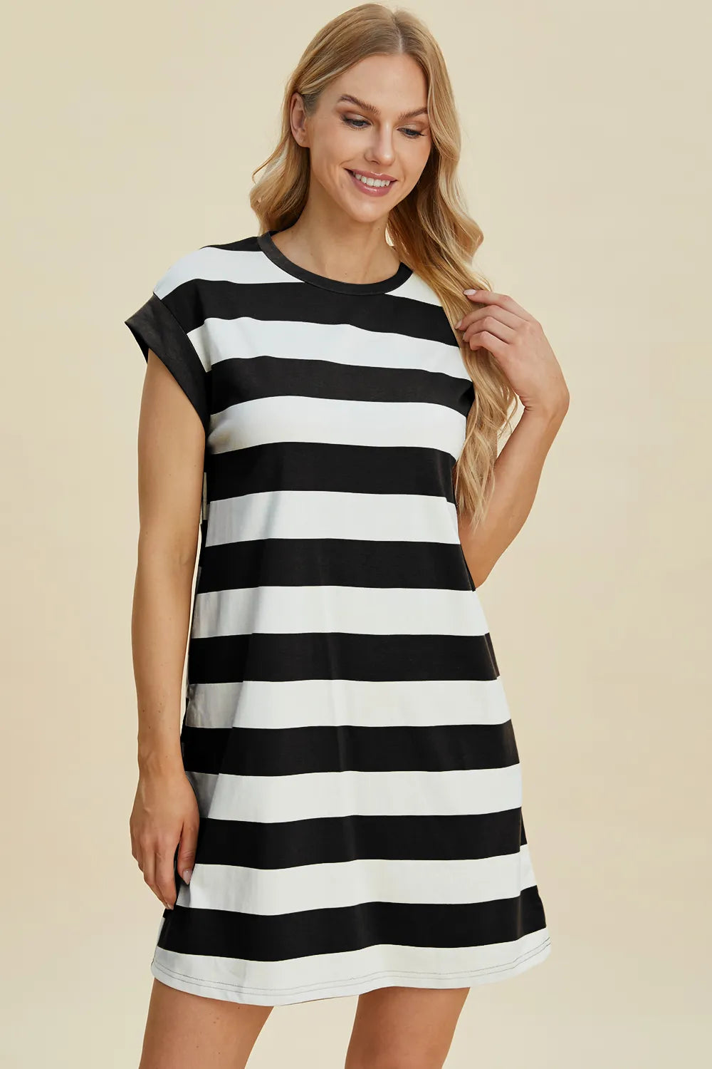 Basic Bae Full Size Striped Round Neck Cap Sleeve Mini Dress - Demented Sisters
