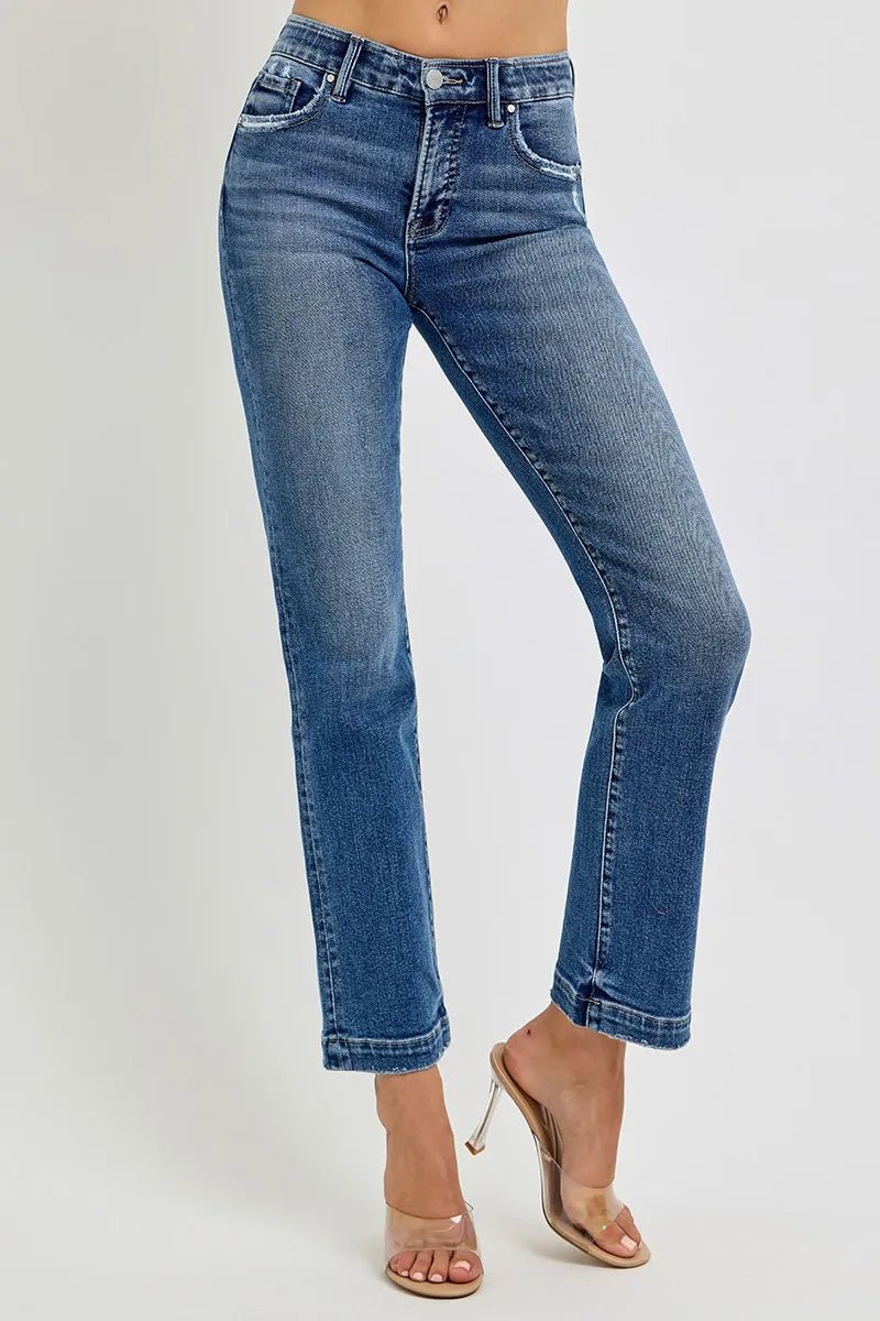 RISEN Full Size Tummy Control Elastic Band Mid Rise Straight Jeans Plus Size - Demented Sisters