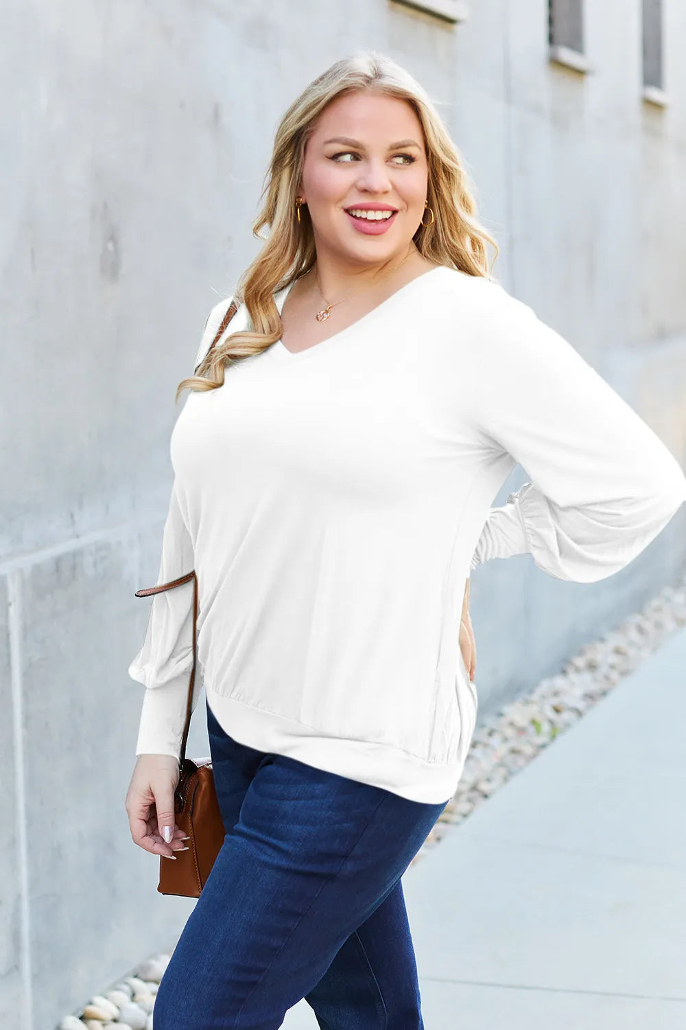 Basic Bae Full Size V - Neck Lantern Sleeve Top - Demented Sisters
