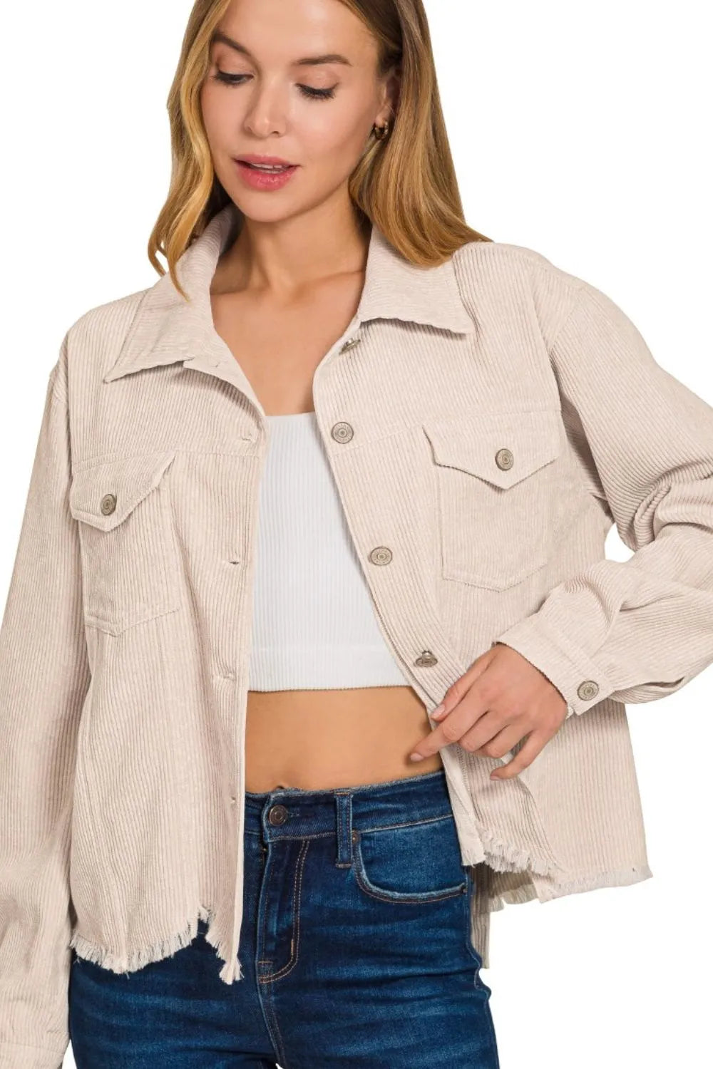Zenana Distressed Corduroy Frayed Hem Cropped Jacket - Demented Sisters