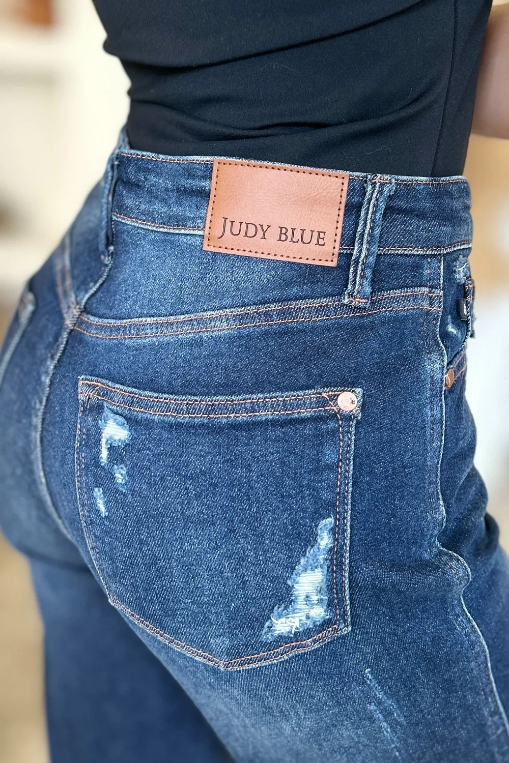 Judy Blue Full Size High Waist Rigid Magic Heavy Destroy Straight Jeans - Demented Sisters