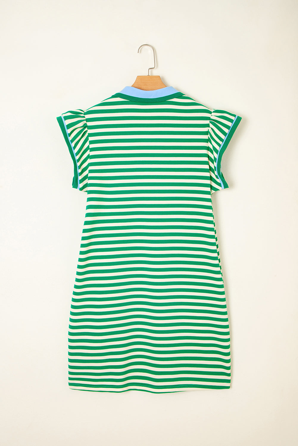 Dark Blue Striped Ruffle Short Sleeve Pop of Color Neckline Dress