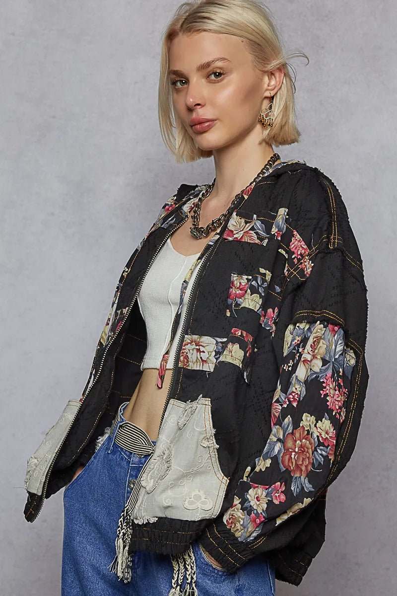 POL Zip Up Floral and Lace Patch Washed Jacket - Demented Sisters