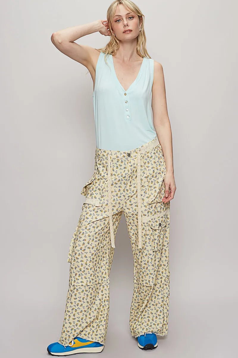 POL Floral Cargo Wide Leg Pants with Lace Drawstring - Demented Sisters