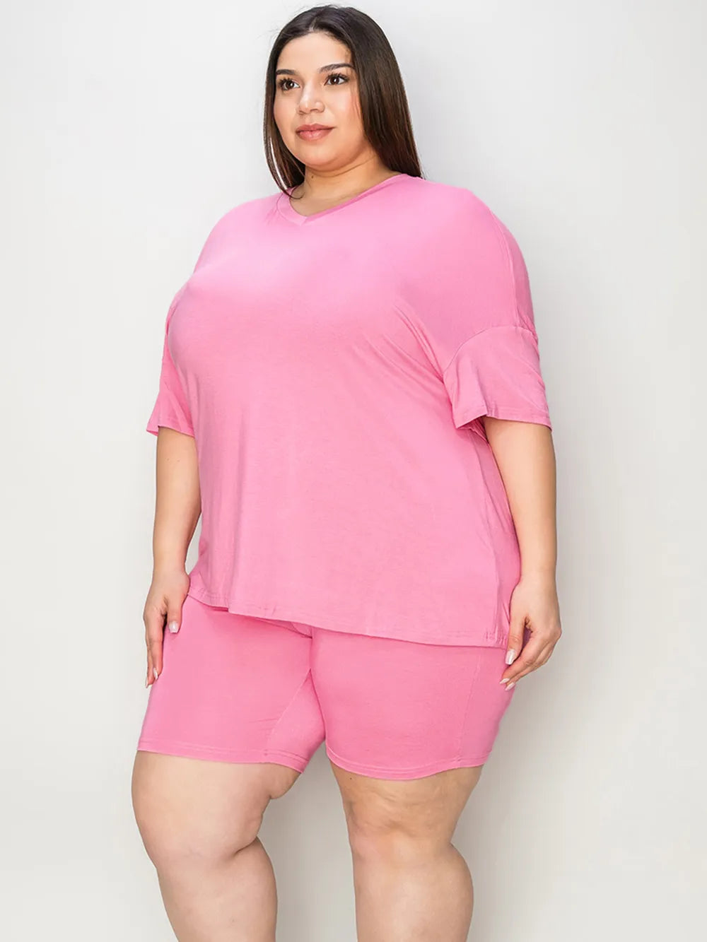 Basic Bae Full Size V - Neck Drop Shoulder T-Shirt and Shorts Set - Demented Sisters