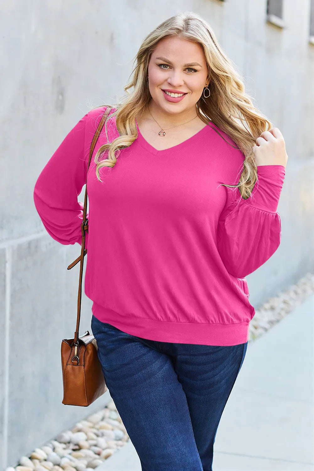 Basic Bae Full Size V - Neck Lantern Sleeve Top - Demented Sisters
