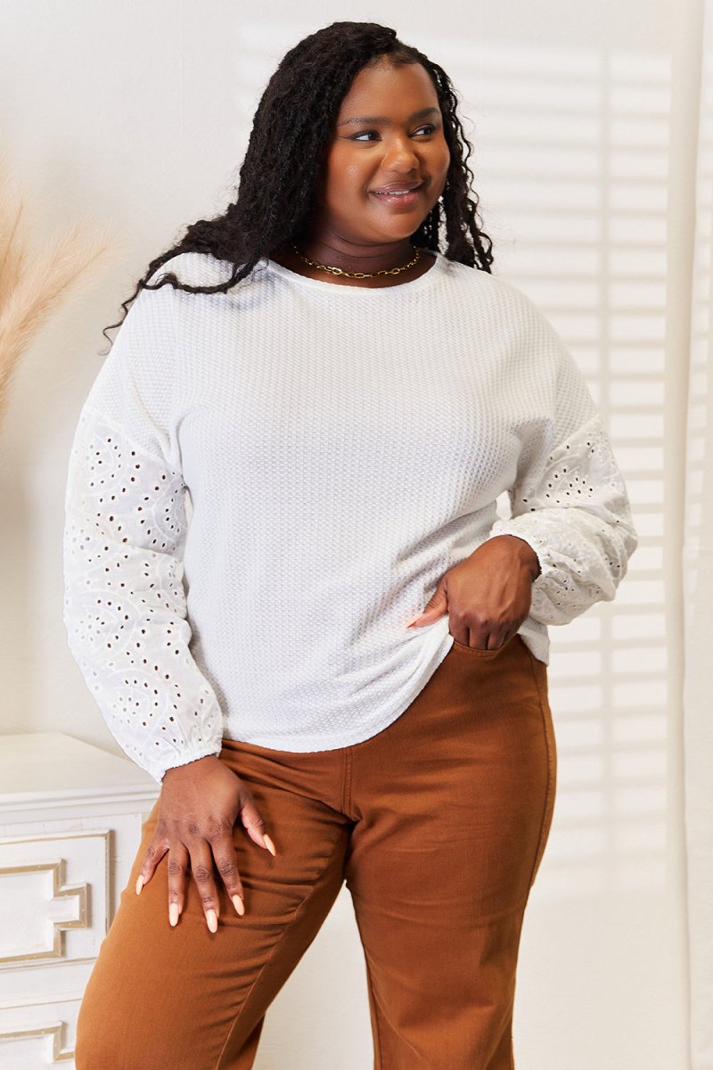 Shiny Eyelet Dropped Shoulder Round Neck Blouse - Demented Sisters