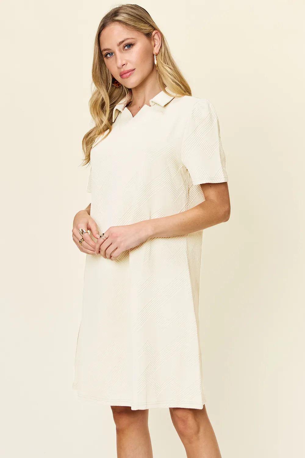 Double Take Full Size Texture Collared Neck Short Sleeve Dress - Demented Sisters