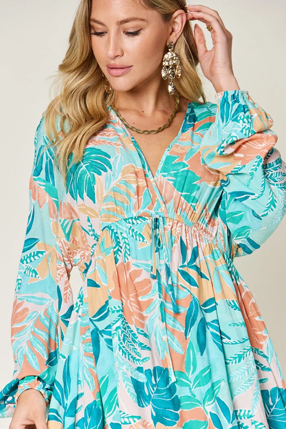 Double Take Full Size Printed V - Neck Drawstring Dress - Demented Sisters