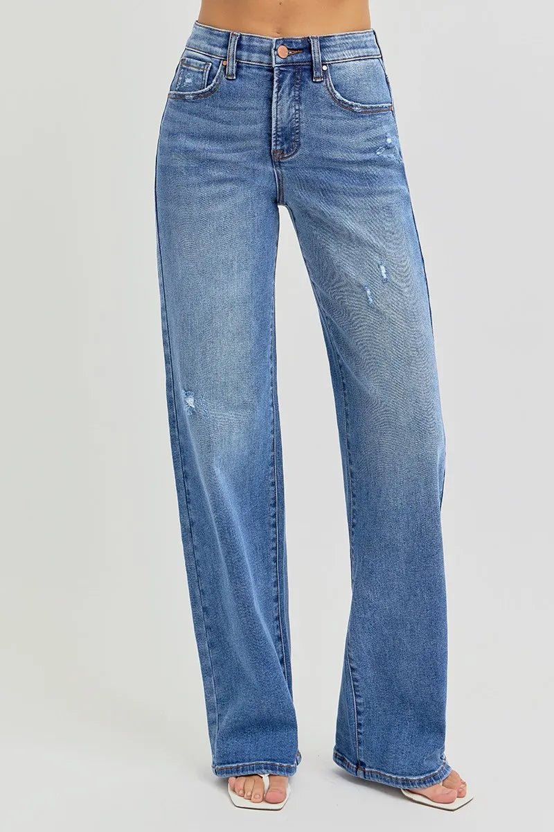 RISEN Full Size Tummy Control Elastic Band High Rise Wide Jeans Plus Size - Demented Sisters