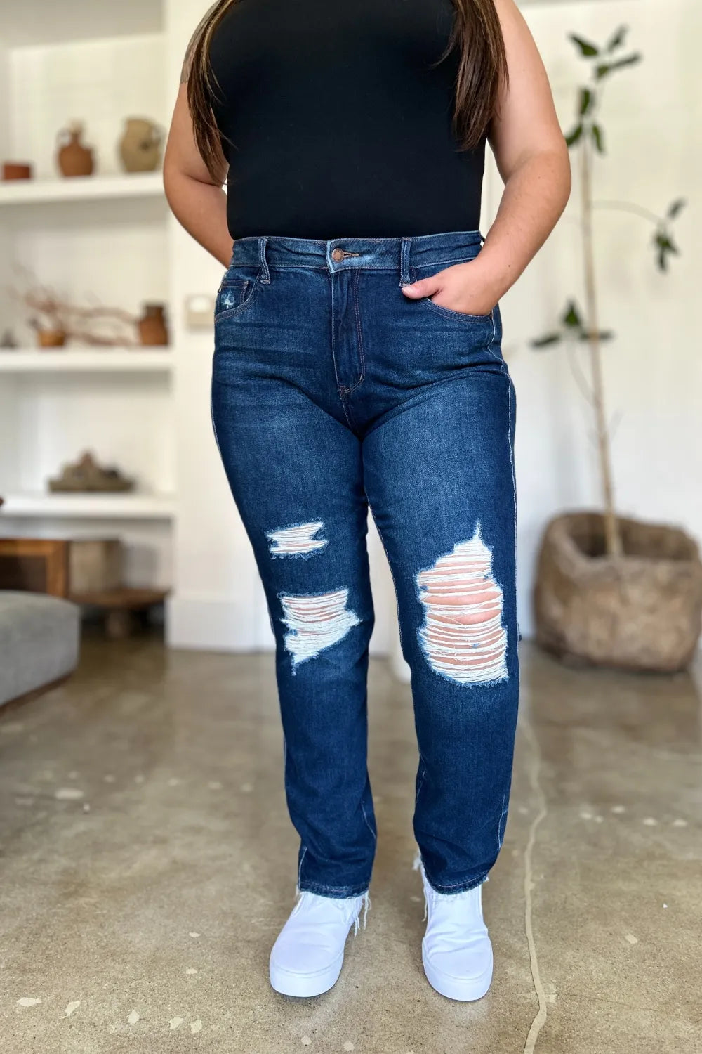Judy Blue Full Size High Waist Rigid Magic Heavy Destroy Straight Jeans - Demented Sisters