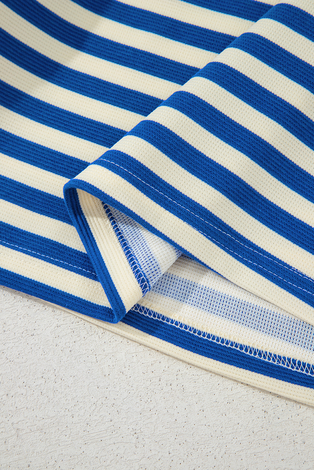 Dark Blue Striped Ruffle Short Sleeve Pop of Color Neckline Dress