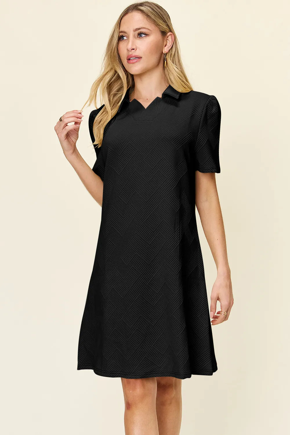 Double Take Full Size Texture Collared Neck Short Sleeve Dress - Demented Sisters