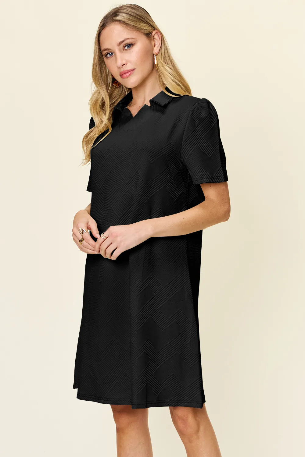 Double Take Full Size Texture Collared Neck Short Sleeve Dress - Demented Sisters