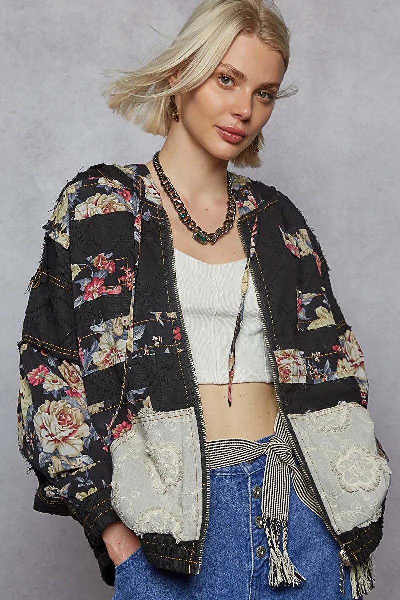 POL Zip Up Floral and Lace Patch Washed Jacket - Demented Sisters