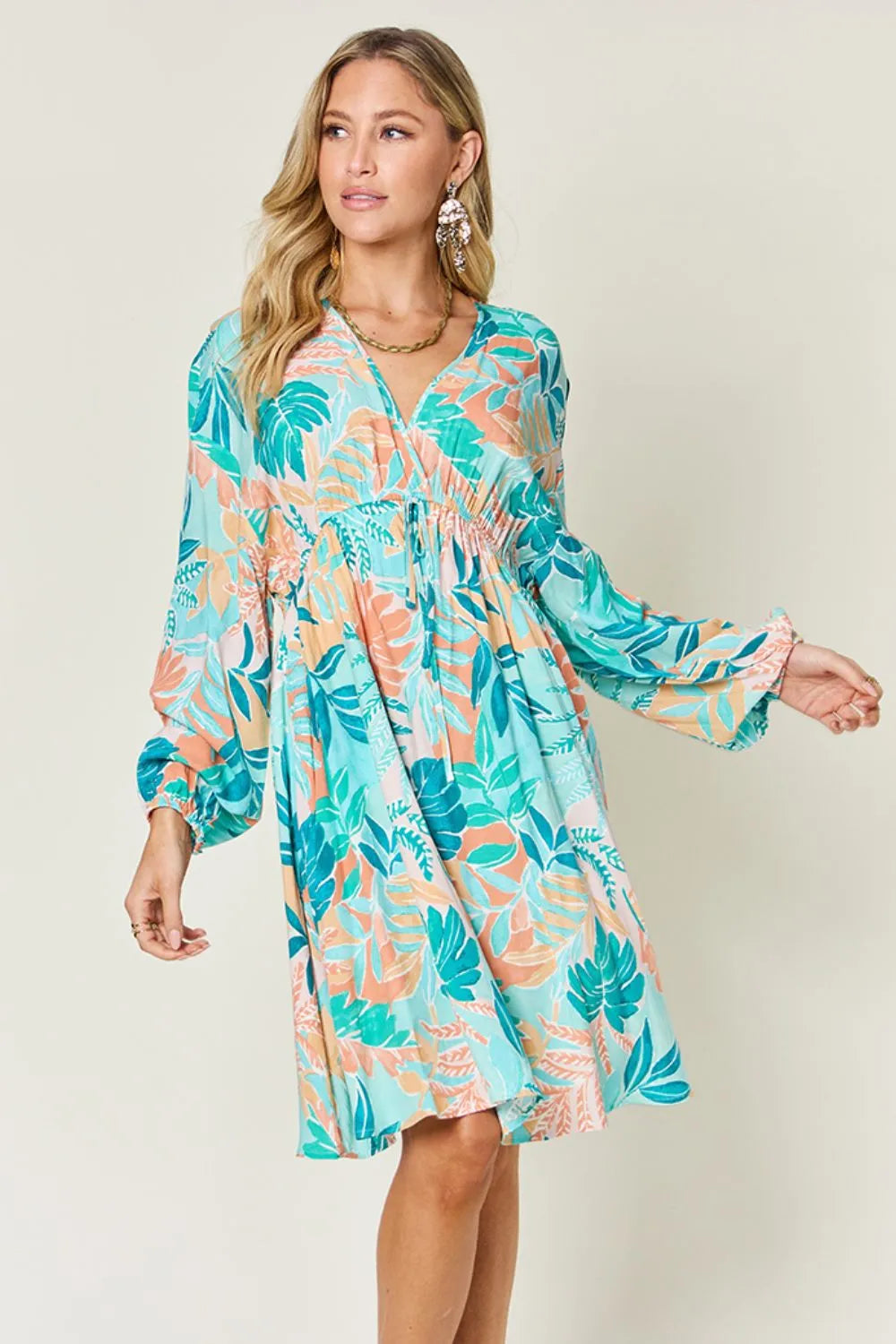 Double Take Full Size Printed V - Neck Drawstring Dress - Demented Sisters