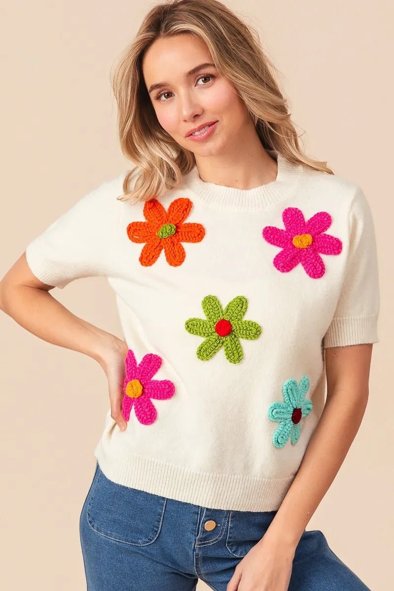 BiBi Crochet Flower Patch Sweater Top - Demented Sisters