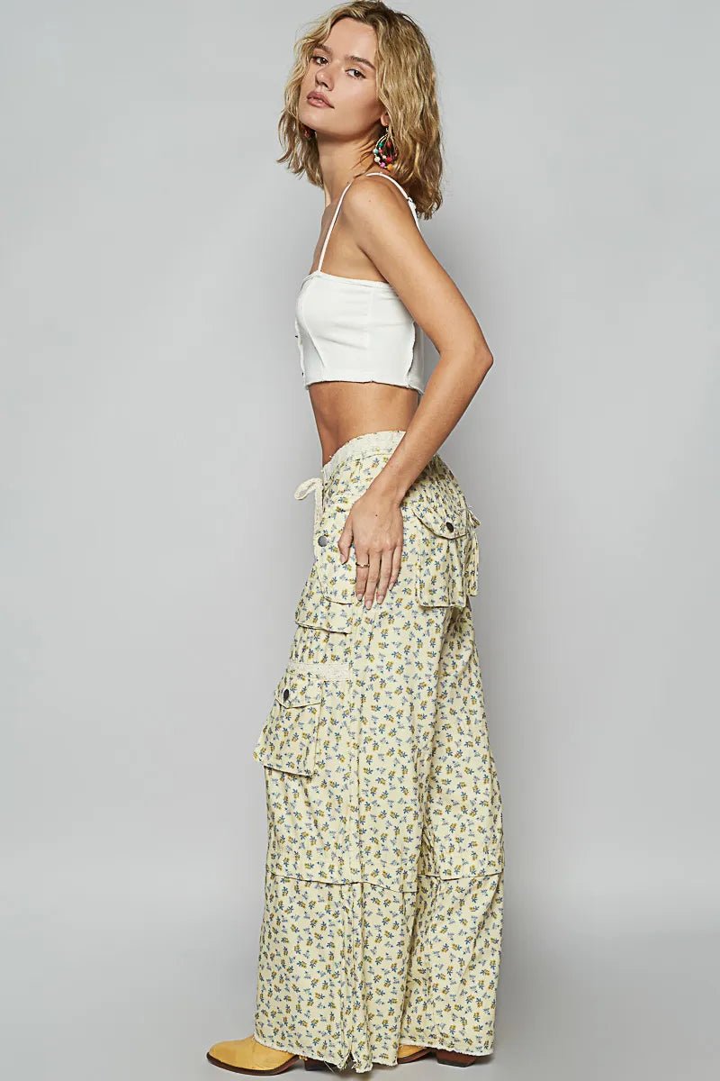 POL Floral Cargo Wide Leg Pants with Lace Drawstring - Demented Sisters