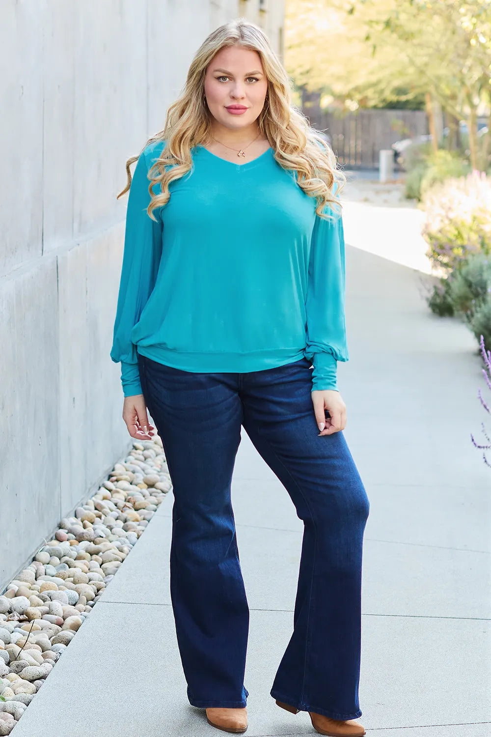 Basic Bae Full Size V - Neck Lantern Sleeve Top - Demented Sisters