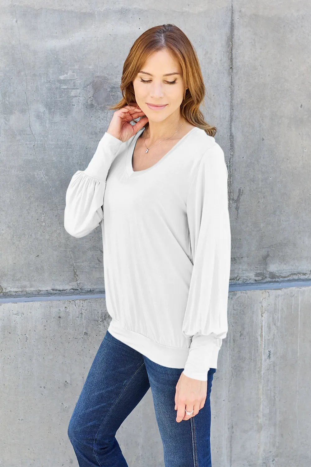Basic Bae Full Size V - Neck Lantern Sleeve Top - Demented Sisters