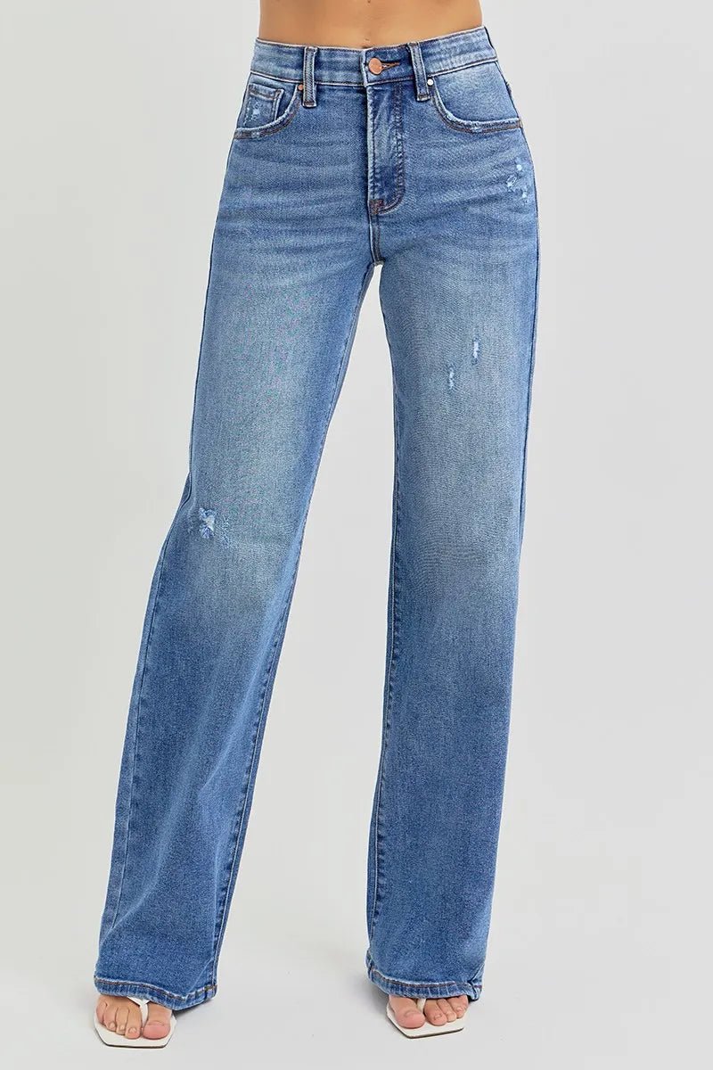 RISEN Full Size Tummy Control Elastic Band High Rise Wide Jeans Plus Size - Demented Sisters