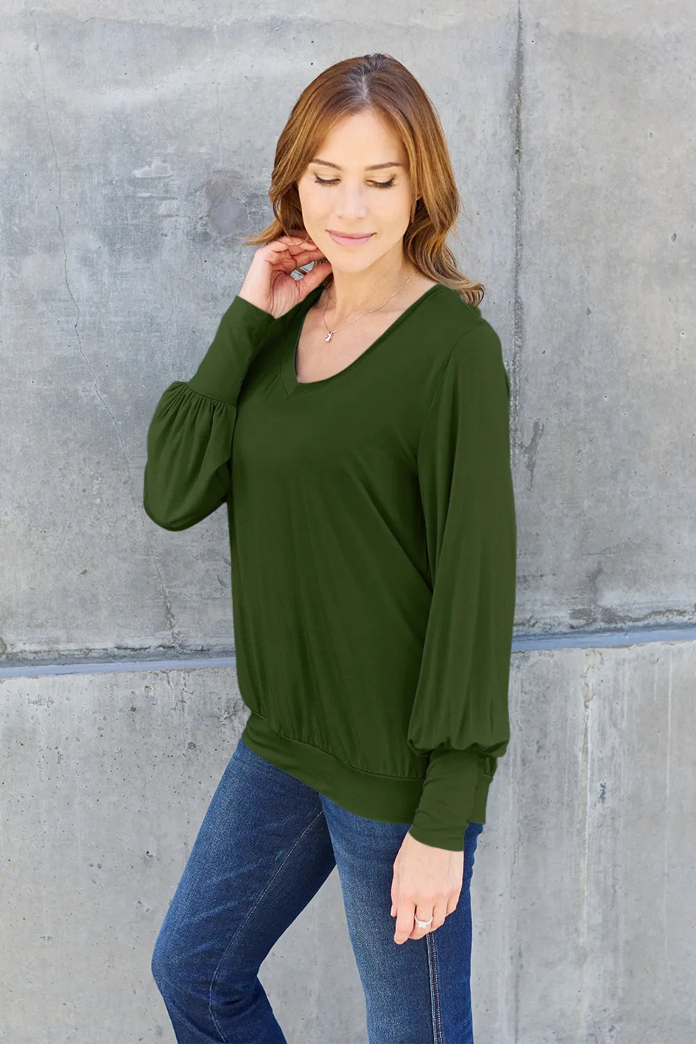 Basic Bae Full Size V - Neck Lantern Sleeve Top - Demented Sisters