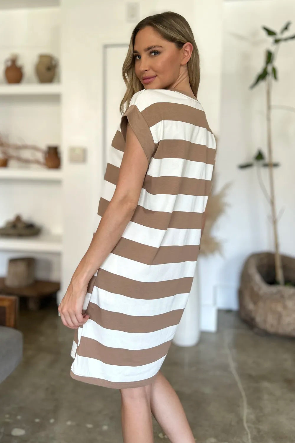 Basic Bae Full Size Striped Round Neck Cap Sleeve Mini Dress - Demented Sisters