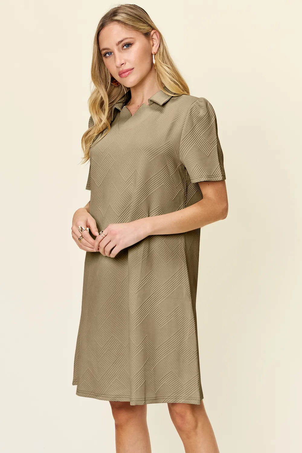 Double Take Full Size Texture Collared Neck Short Sleeve Dress - Demented Sisters
