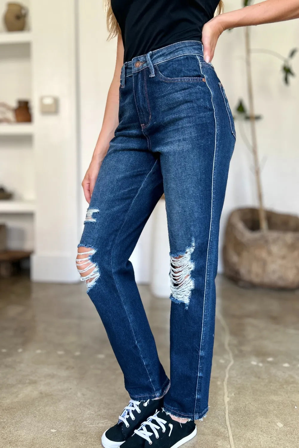 Judy Blue Full Size High Waist Rigid Magic Heavy Destroy Straight Jeans - Demented Sisters