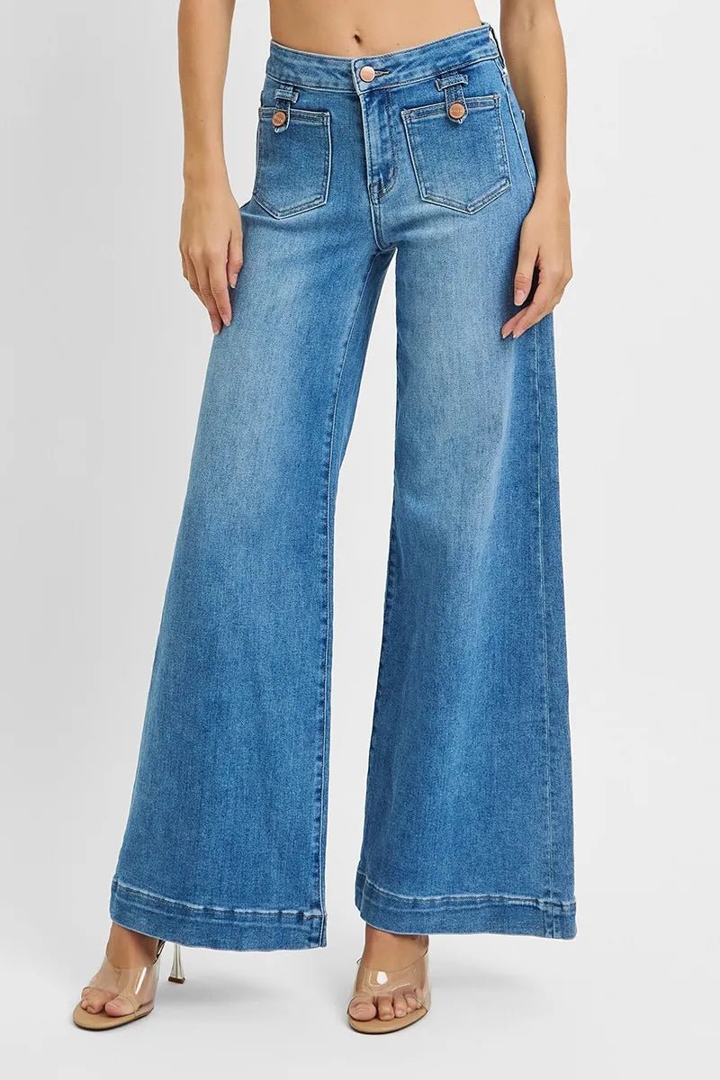 RISEN Full Size Mid Rise Wide Front Patch Pocket Jeans Plus Size - Demented Sisters