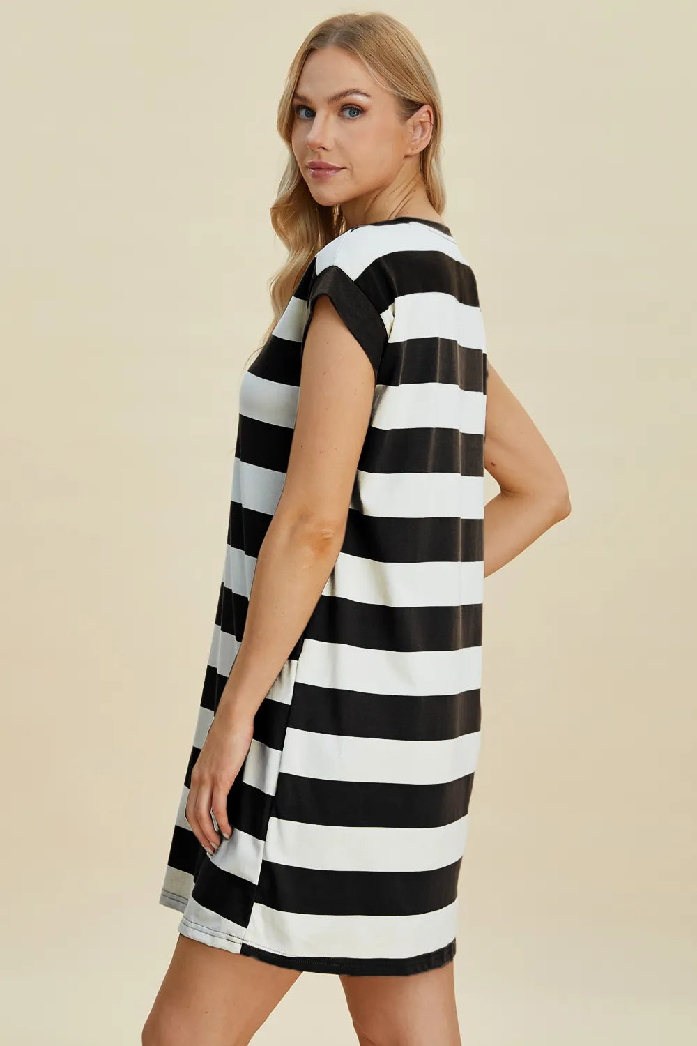 Basic Bae Full Size Striped Round Neck Cap Sleeve Mini Dress - Demented Sisters