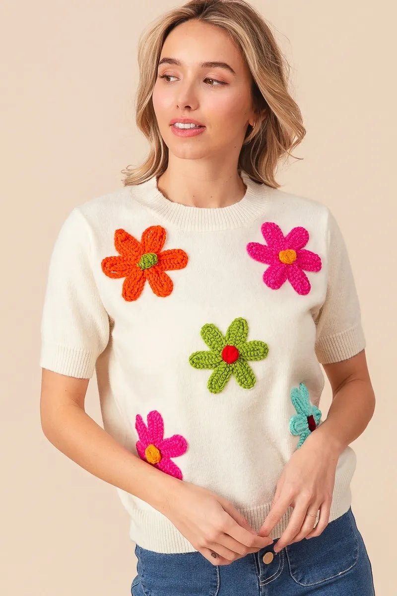 BiBi Crochet Flower Patch Sweater Top - Demented Sisters