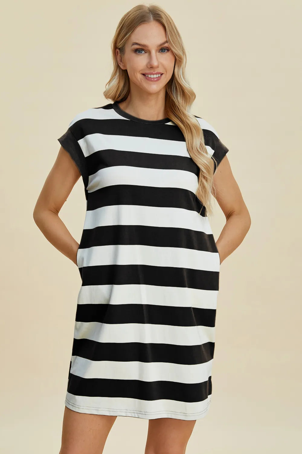 Basic Bae Full Size Striped Round Neck Cap Sleeve Mini Dress - Demented Sisters