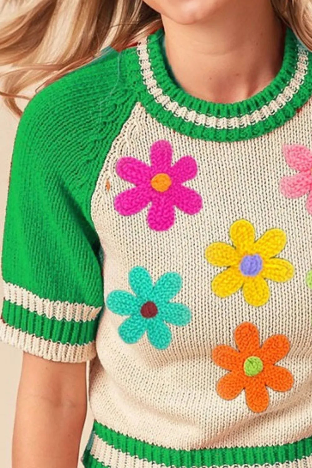 BiBi Crochet Flower Patches Striped Rib Band Sweater - Demented Sisters