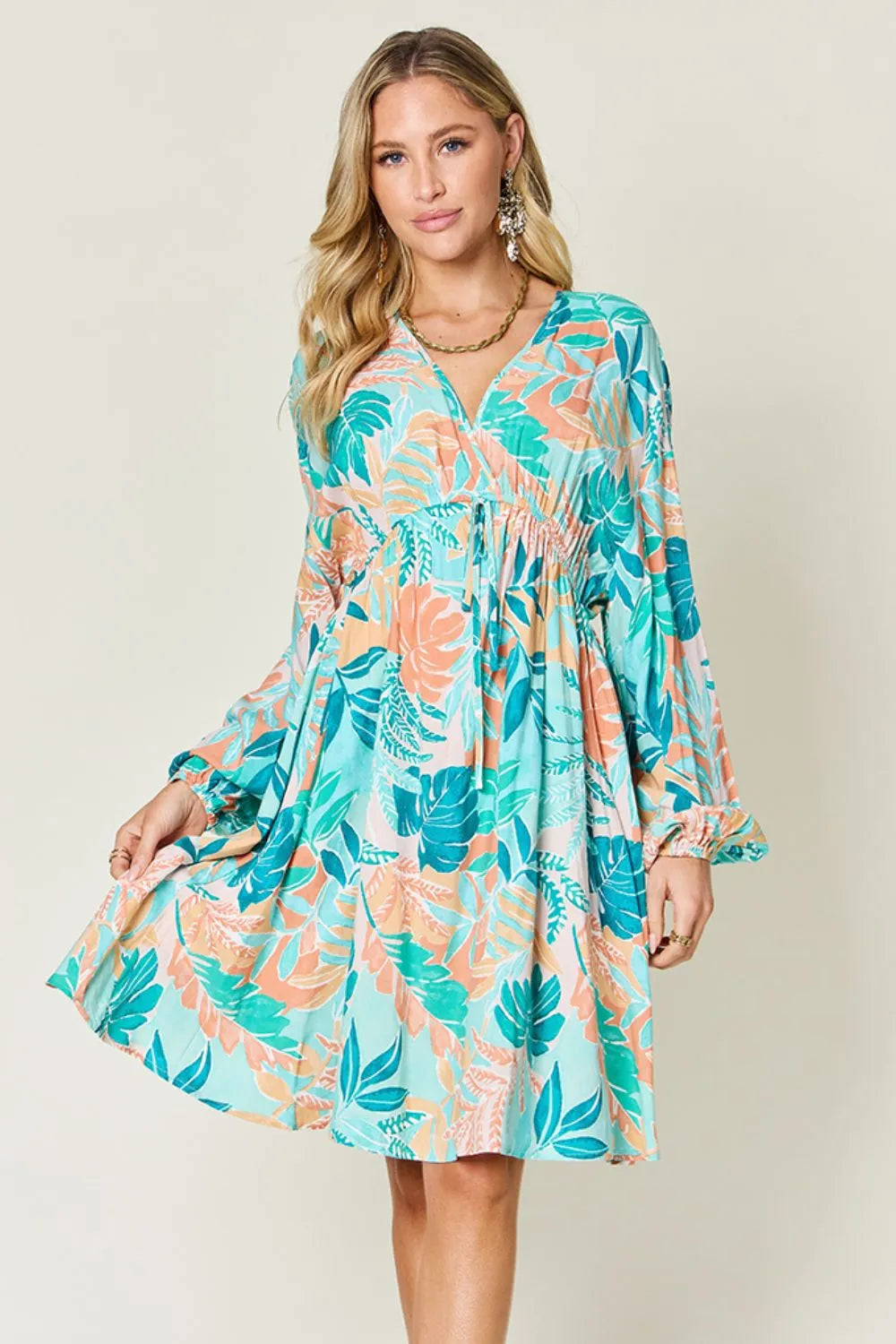 Double Take Full Size Printed V - Neck Drawstring Dress - Demented Sisters