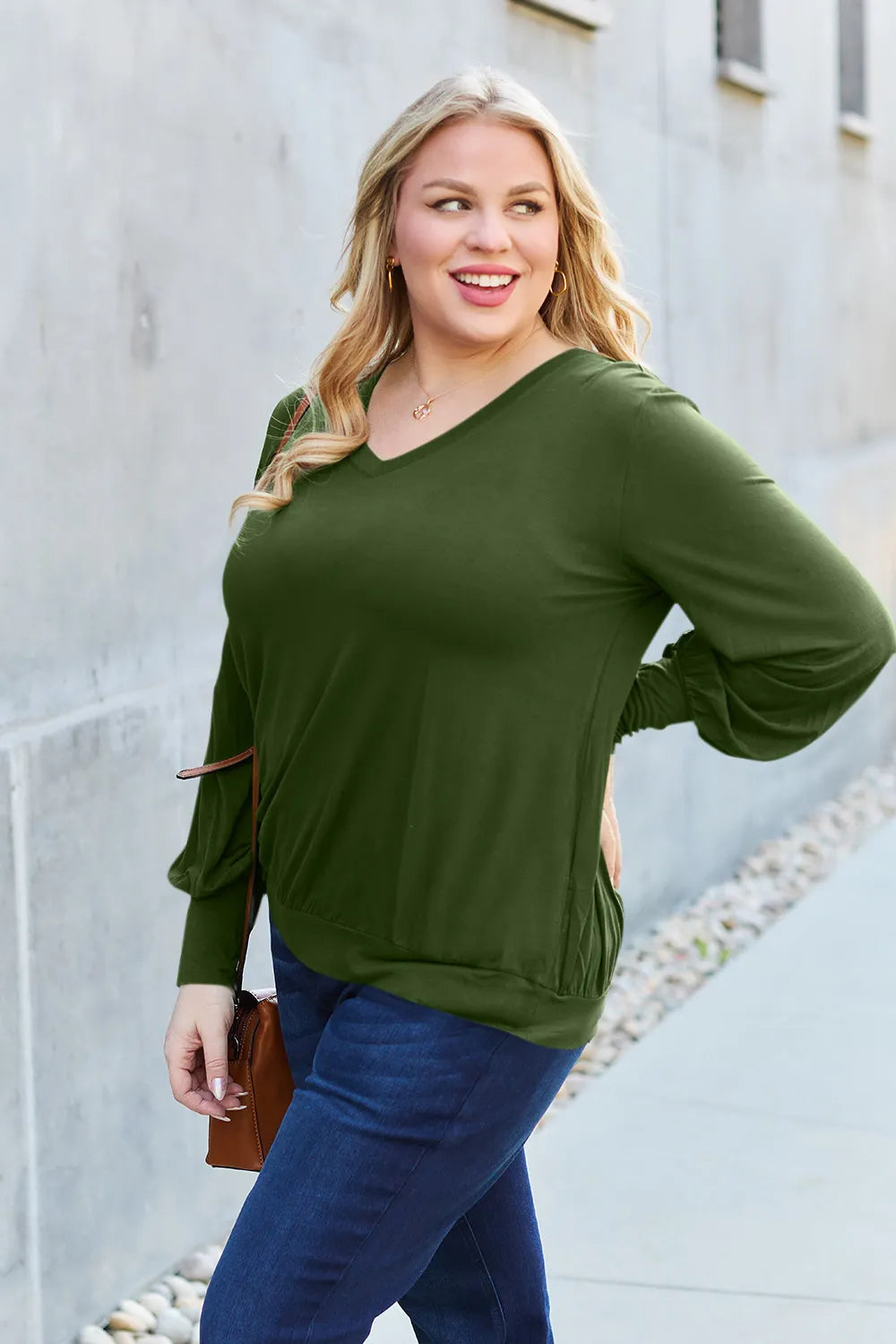 Basic Bae Full Size V - Neck Lantern Sleeve Top - Demented Sisters
