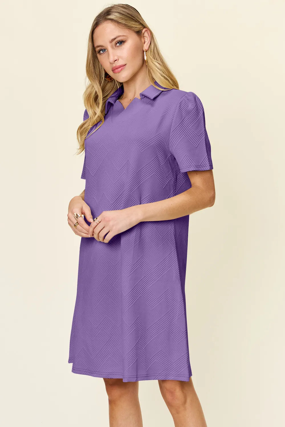 Double Take Full Size Texture Collared Neck Short Sleeve Dress - Demented Sisters