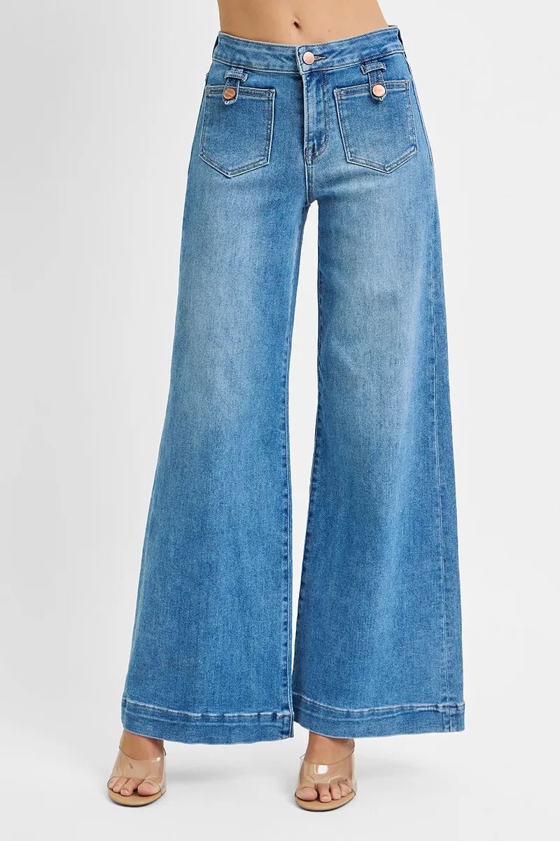 RISEN Full Size Mid Rise Wide Front Patch Pocket Jeans Plus Size - Demented Sisters